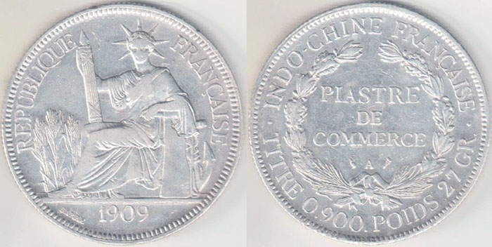 1909 A French Indo China silver Piastre A004652